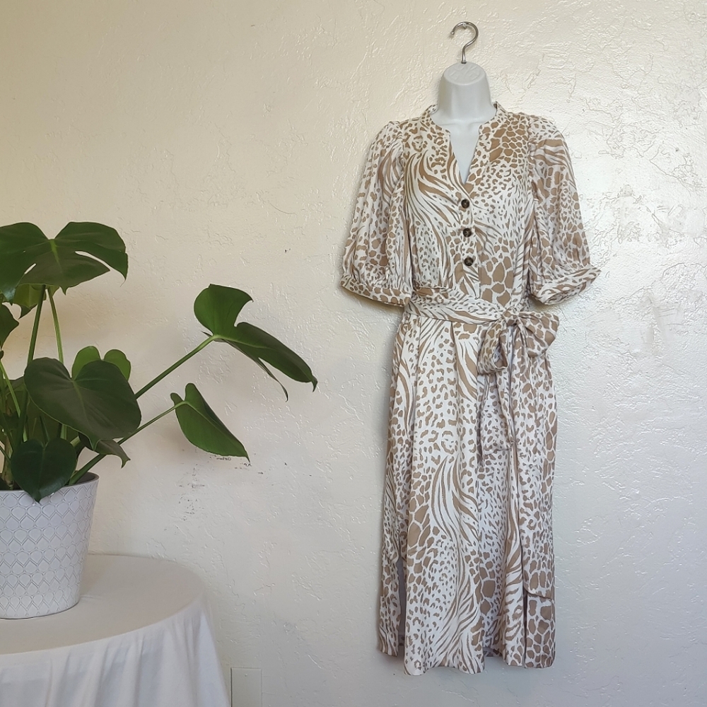 Ann Taylor white and tan, short sleeve animal print midi-dress. Size M Petite